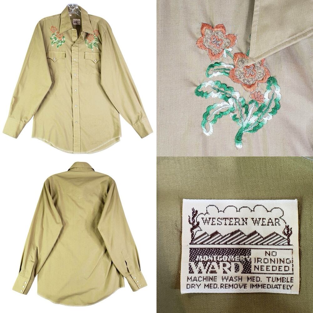 VTG 70s Pearl Snap Western Shirt Mens L Rockabilly Floral Cowboy Montgomery Ward